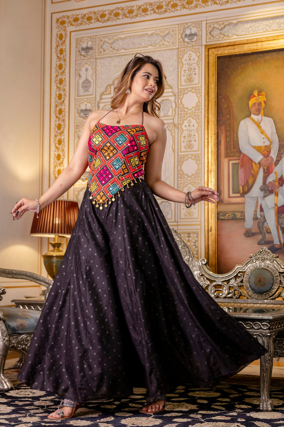 Designer Bangalori Silk Embroidered Top with Mirror Work & Flairy Butti Palazzo Set