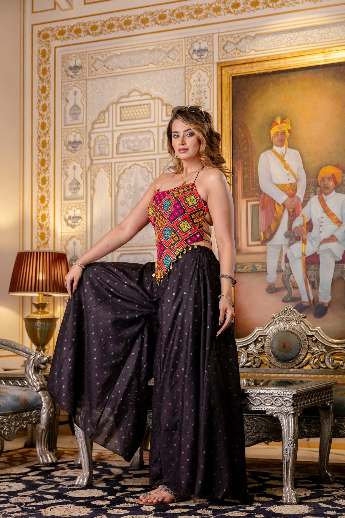Designer Bangalori Silk Embroidered Top with Mirror Work & Flairy Butti Palazzo Set