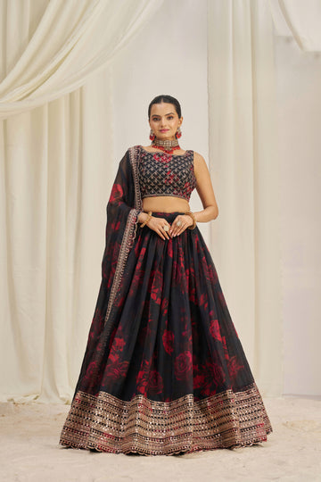 Designer Floral Printed Organza Lehenga Choli Set with Embroidered Dupatta
