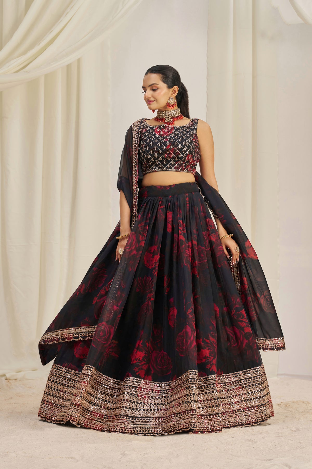 Designer Floral Printed Organza Lehenga Choli Set with Embroidered Dupatta
