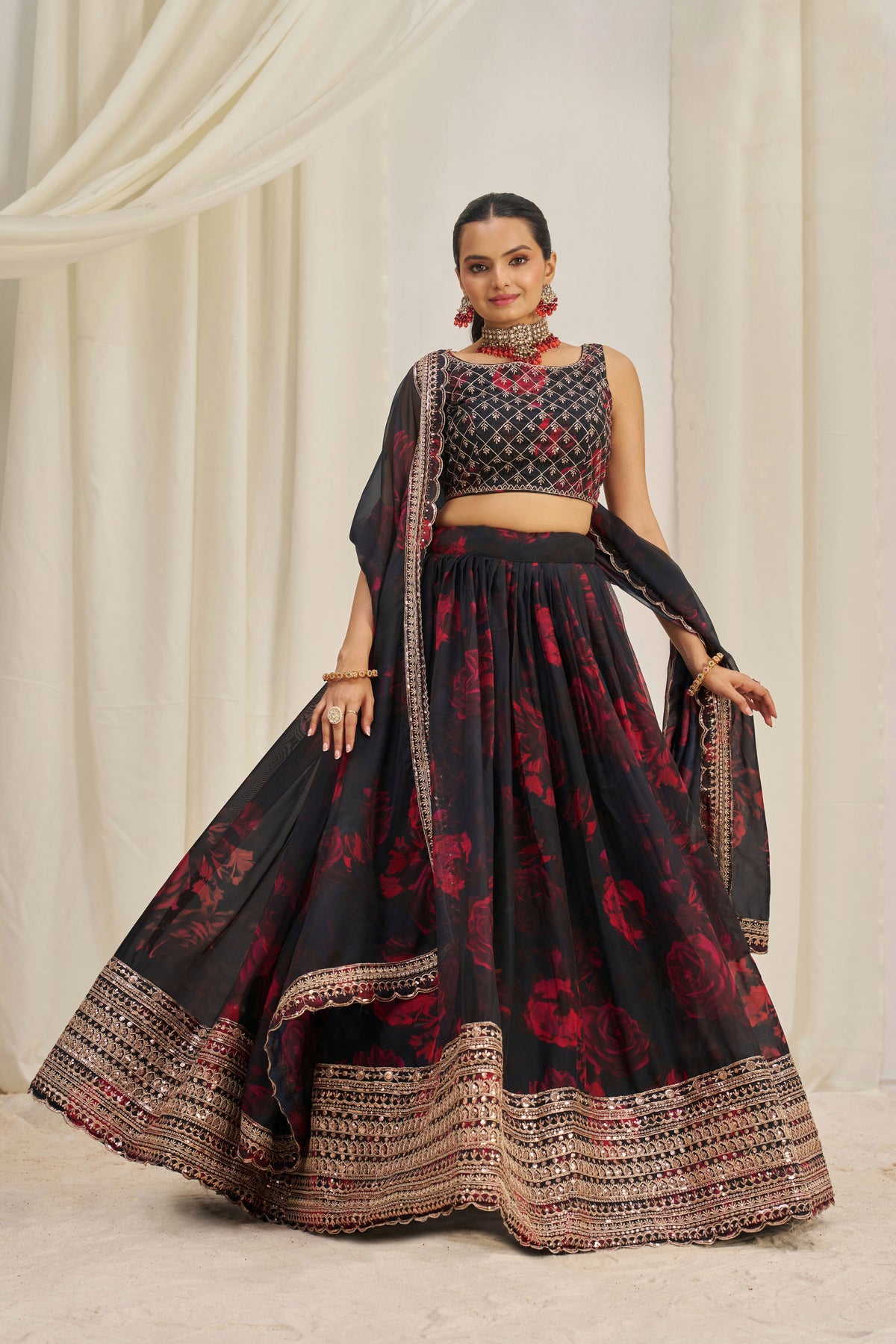 Designer Floral Printed Organza Lehenga Choli Set with Embroidered Dupatta