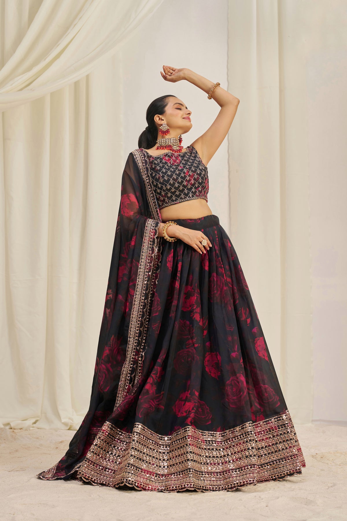 Designer Floral Printed Organza Lehenga Choli Set with Embroidered Dupatta