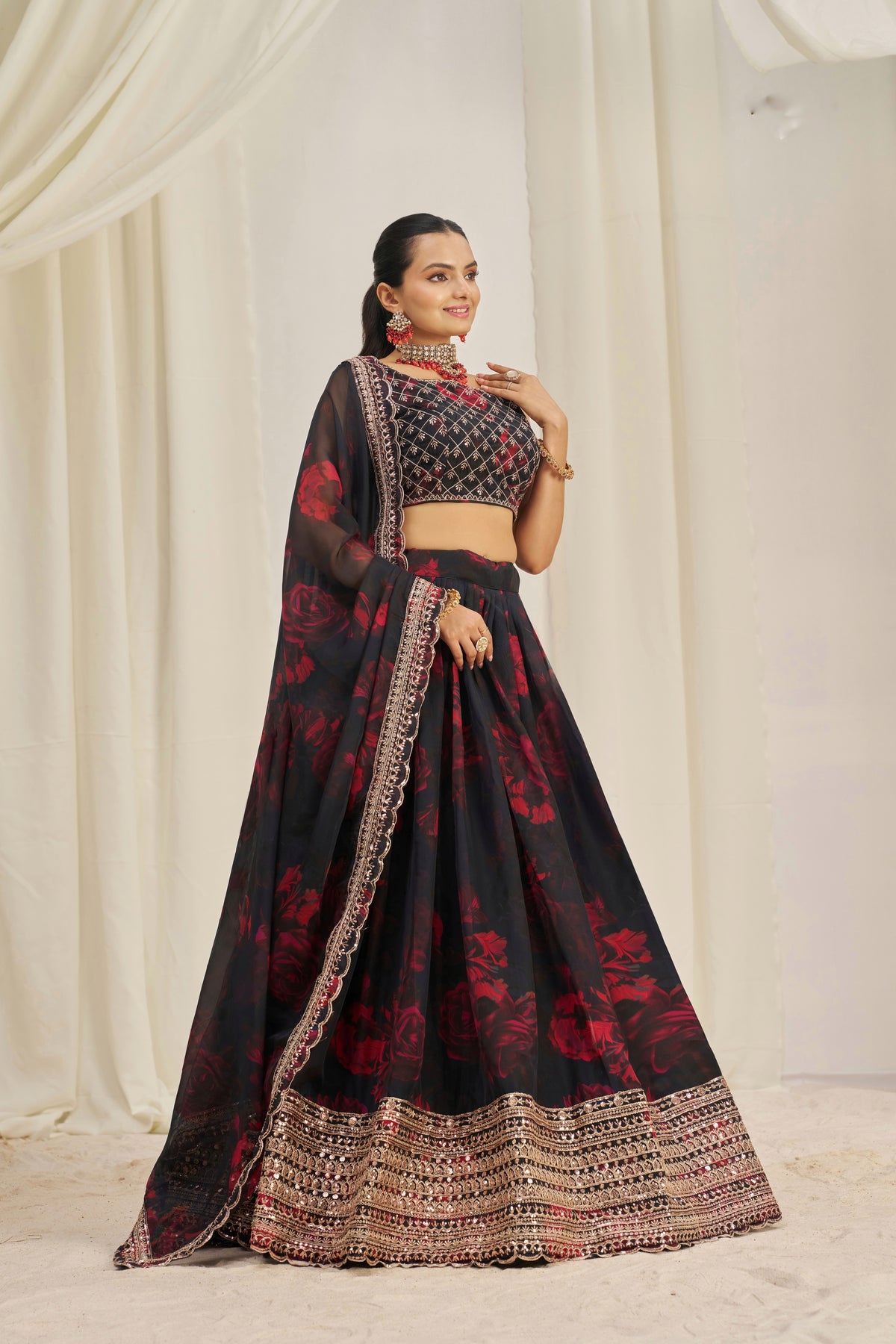Designer Floral Printed Organza Lehenga Choli Set with Embroidered Dupatta