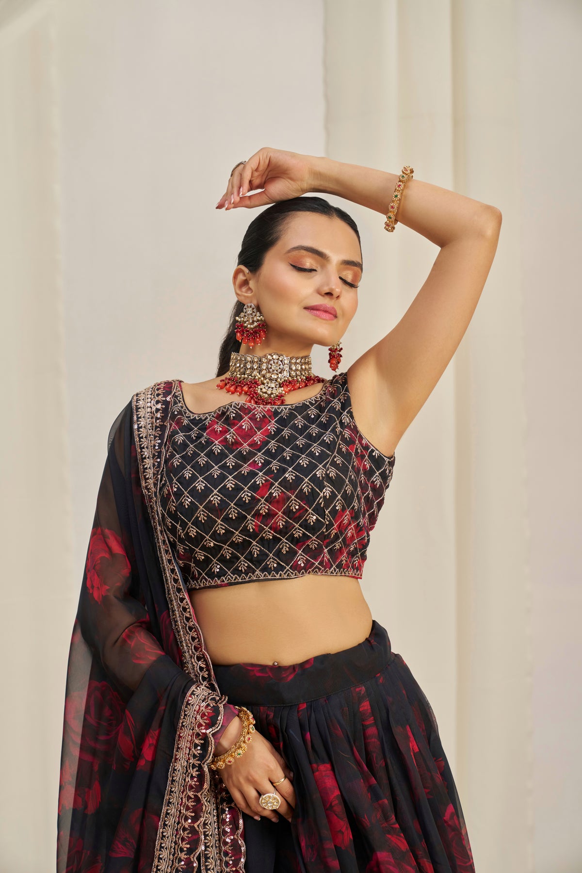 Designer Floral Printed Organza Lehenga Choli Set with Embroidered Dupatta