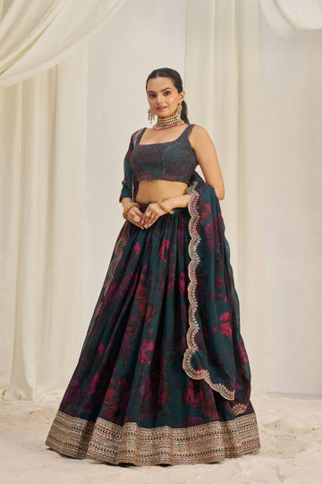 Designer Floral Printed Organza Lehenga Choli Set with Embroidered Dupatta