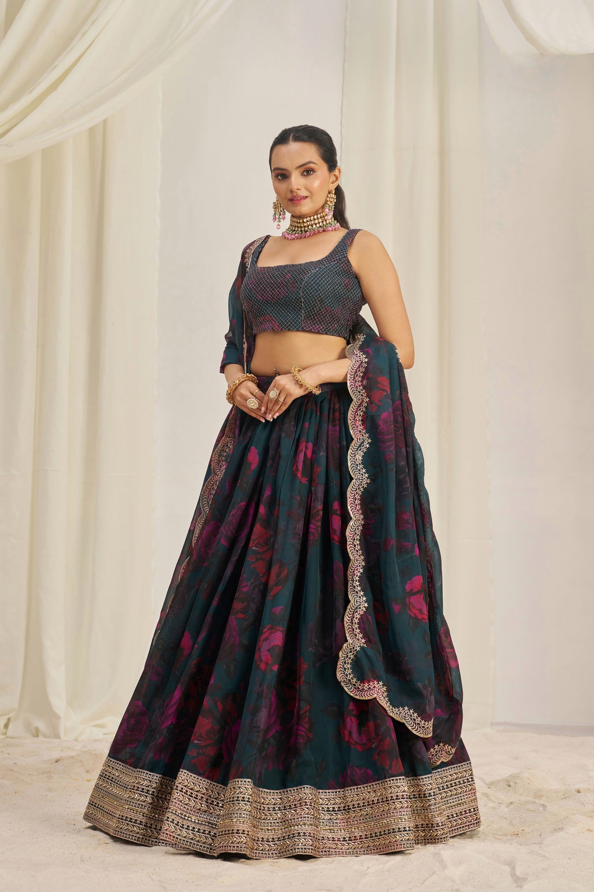 Designer Floral Printed Organza Lehenga Choli Set with Embroidered Dupatta