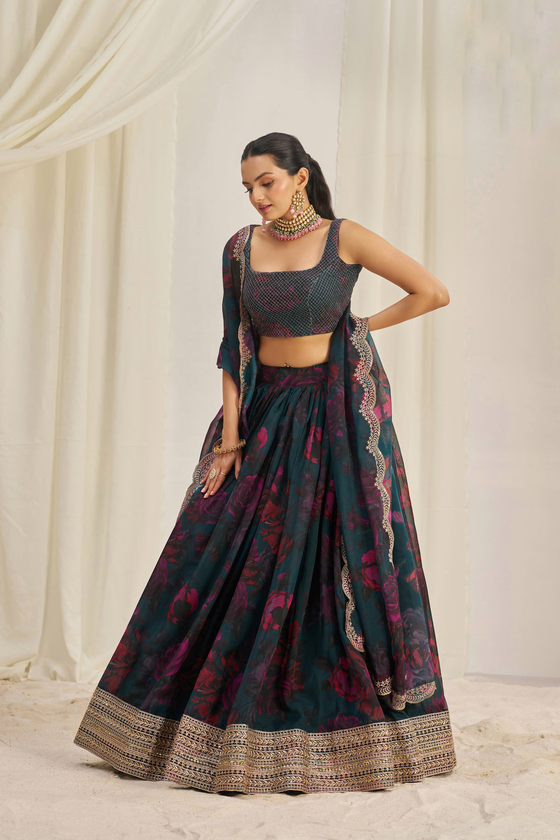Designer Floral Printed Organza Lehenga Choli Set with Embroidered Dupatta