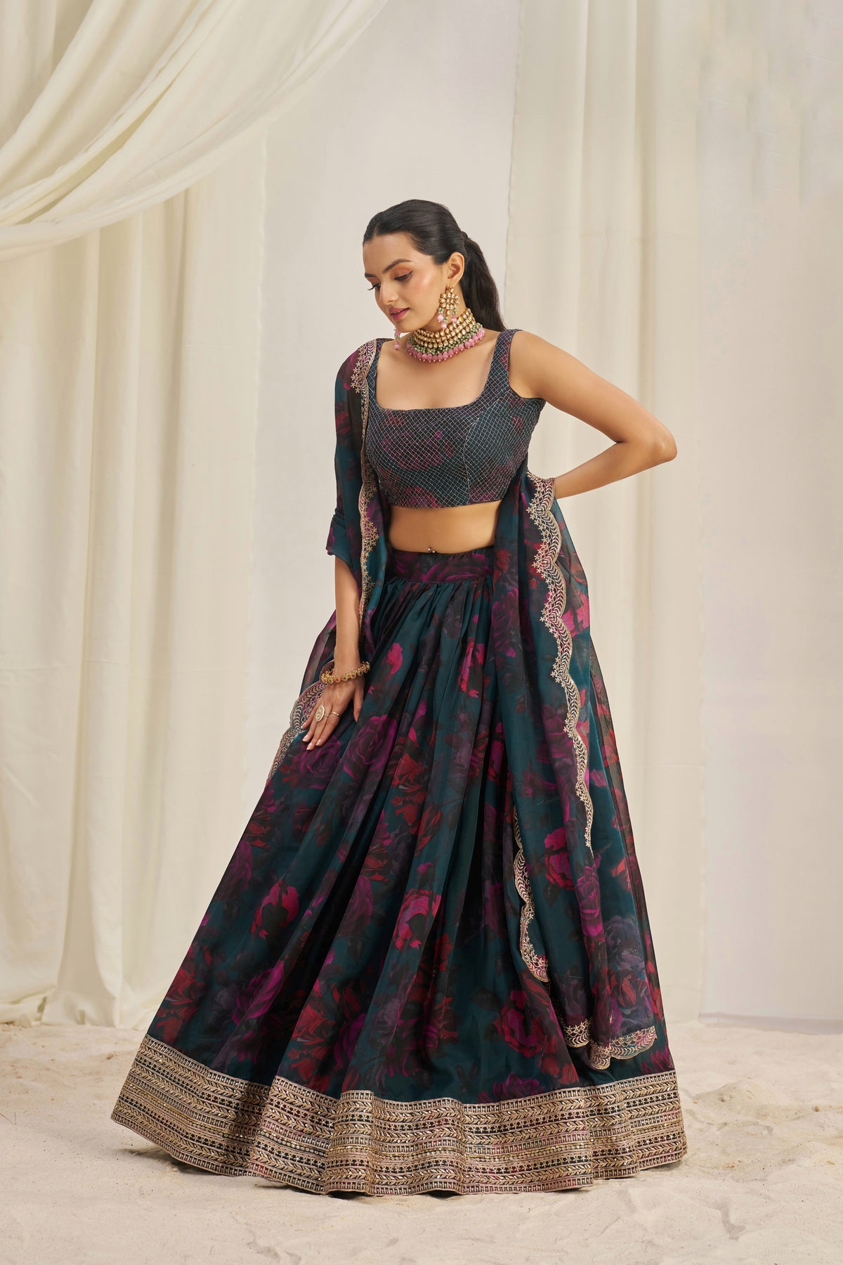 Designer Floral Printed Organza Lehenga Choli Set with Embroidered Dupatta