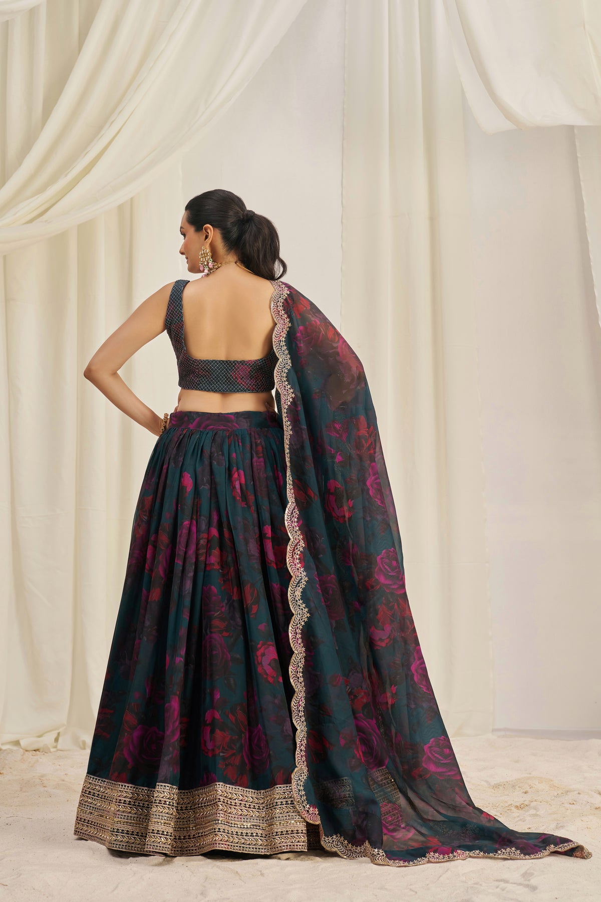 Designer Floral Printed Organza Lehenga Choli Set with Embroidered Dupatta