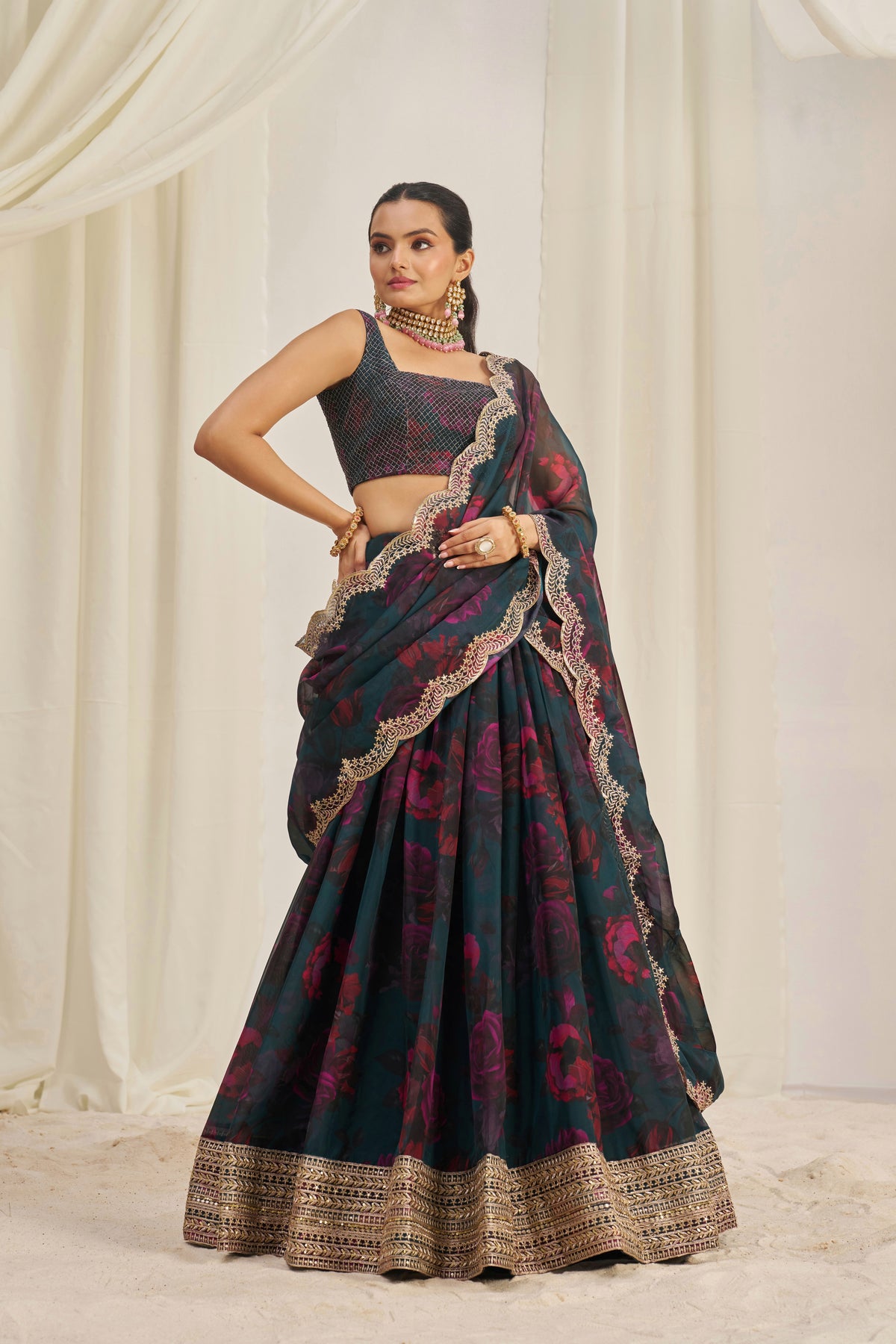 Designer Floral Printed Organza Lehenga Choli Set with Embroidered Dupatta