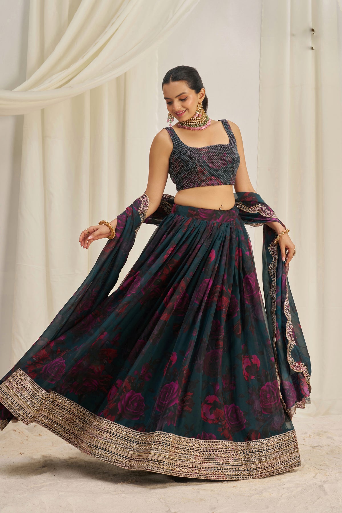 Designer Floral Printed Organza Lehenga Choli Set with Embroidered Dupatta