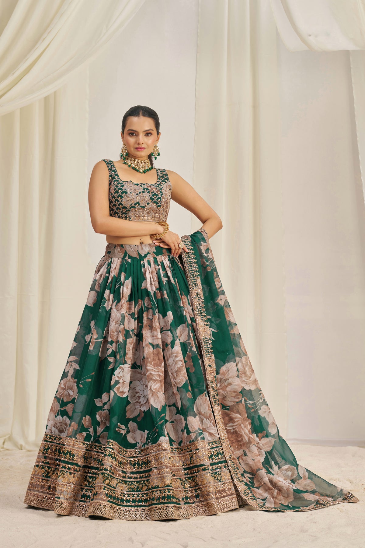 Luxury Floral Printed Organza Lehenga Choli with Sequins & Embroidered Dupatta