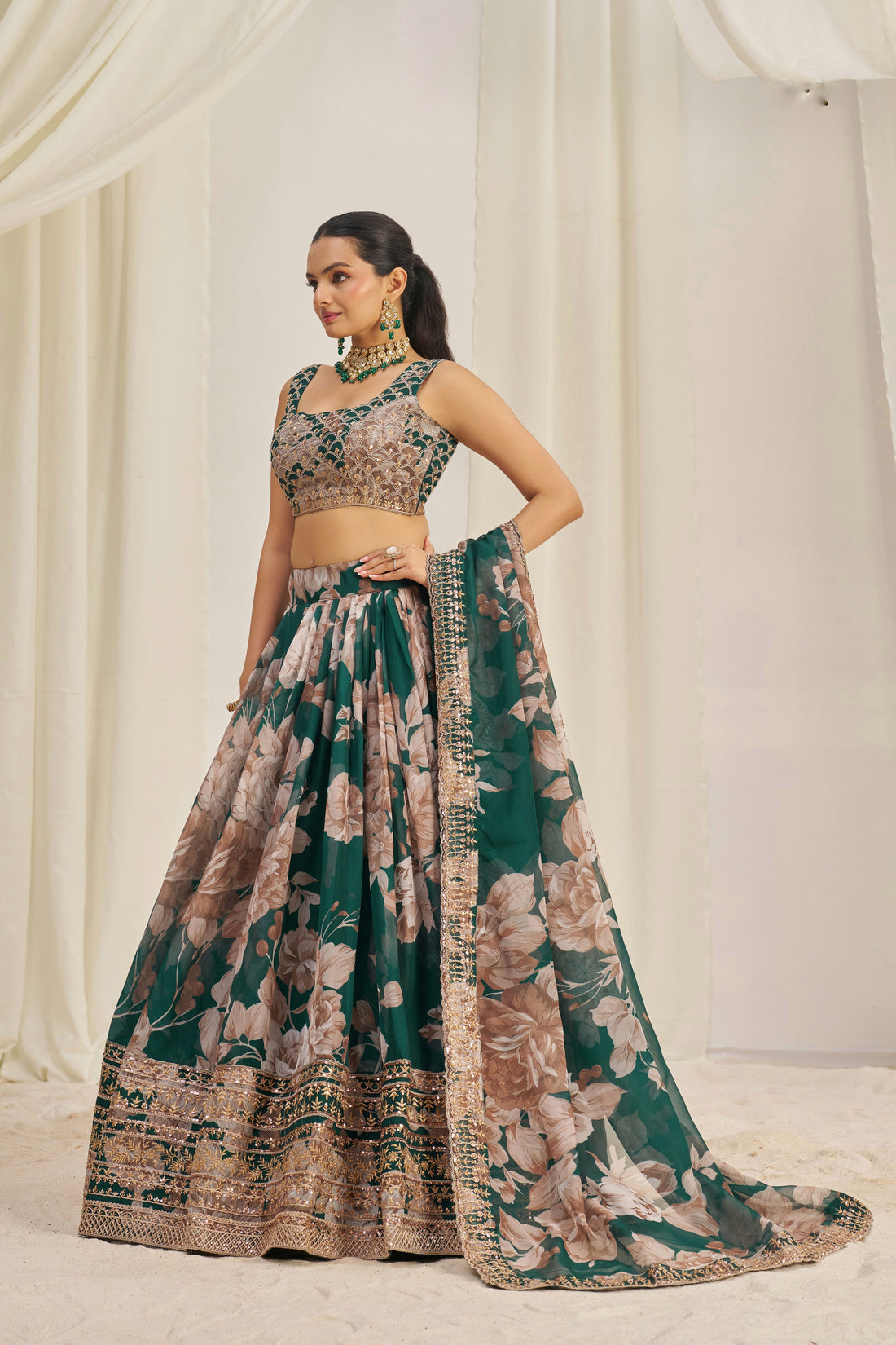 Luxury Floral Printed Organza Lehenga Choli with Sequins & Embroidered Dupatta