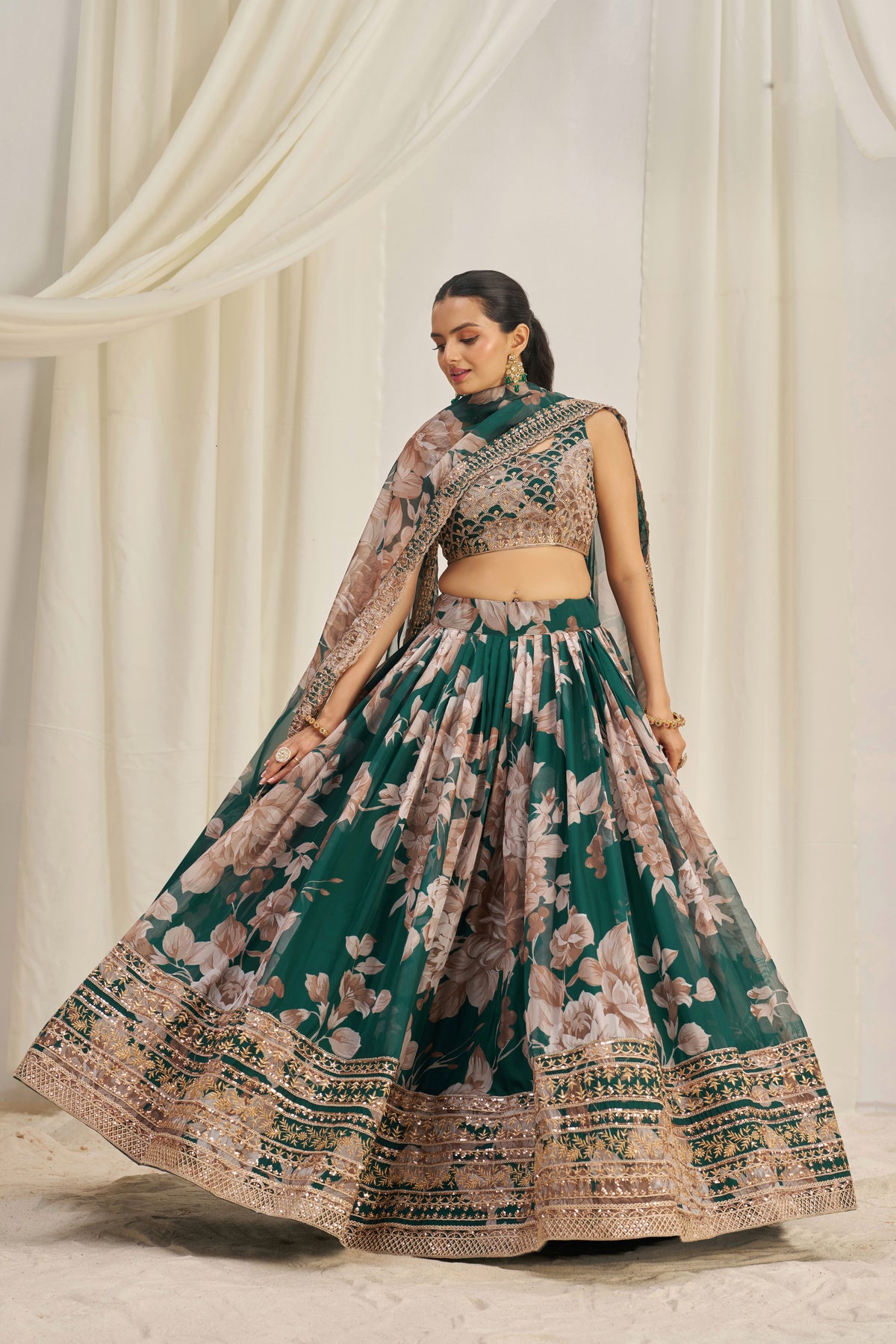 Luxury Floral Printed Organza Lehenga Choli with Sequins & Embroidered Dupatta