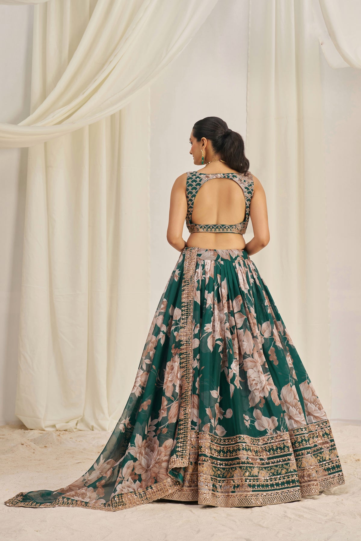 Luxury Floral Printed Organza Lehenga Choli with Sequins & Embroidered Dupatta