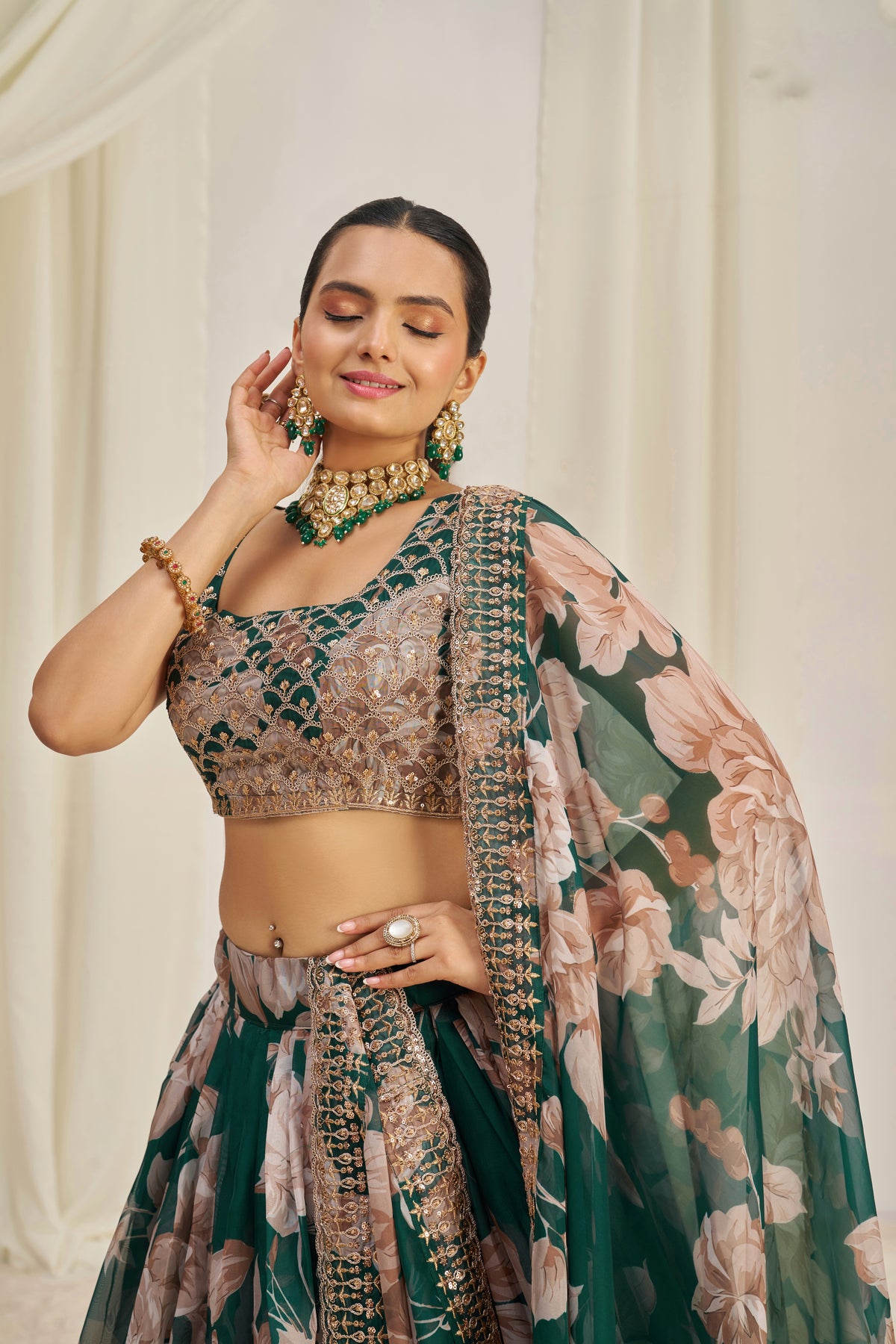 Luxury Floral Printed Organza Lehenga Choli with Sequins & Embroidered Dupatta