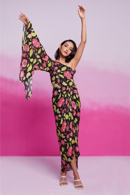 Elegant Black Chinon Silk Printed Co-Ord Set for Women