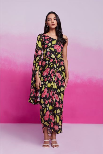 Elegant Black Chinon Silk Printed Co-Ord Set for Women