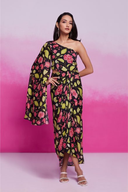 Elegant Black Chinon Silk Printed Co-Ord Set for Women