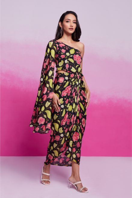 Elegant Black Chinon Silk Printed Co-Ord Set for Women