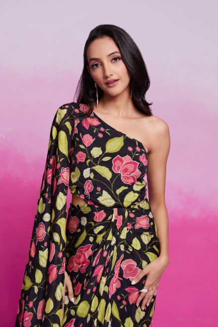 Elegant Black Chinon Silk Printed Co-Ord Set for Women