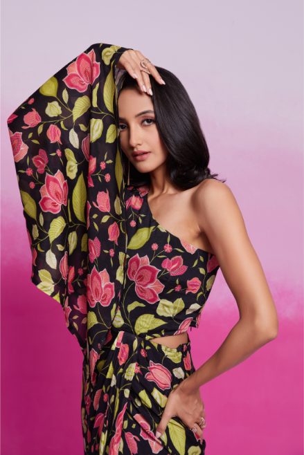 Elegant Black Chinon Silk Printed Co-Ord Set for Women