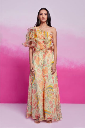 Elegant Cream Organza Printed Blouse Palazzo Co-Ord Set for Women