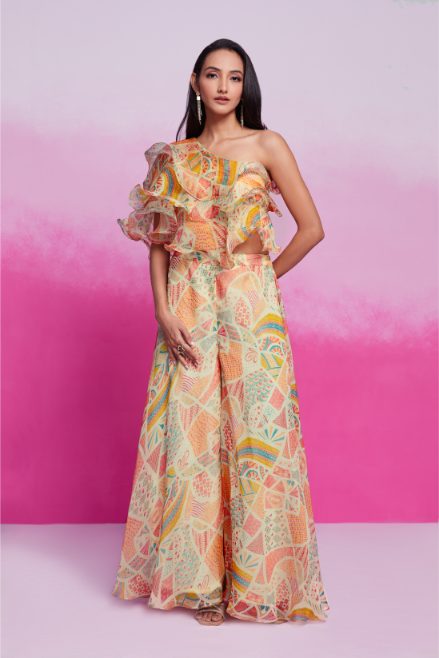 Elegant Cream Organza Printed Blouse Palazzo Co-Ord Set for Women