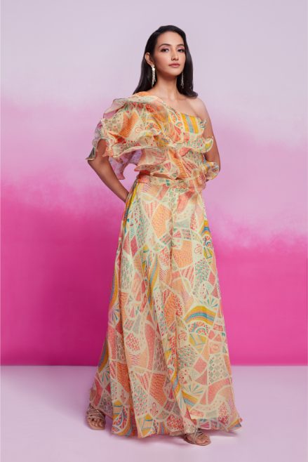 Elegant Cream Organza Printed Blouse Palazzo Co-Ord Set for Women