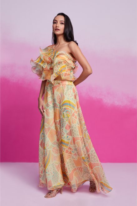 Elegant Cream Organza Printed Blouse Palazzo Co-Ord Set for Women