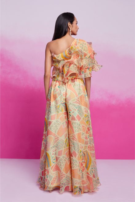 Elegant Cream Organza Printed Blouse Palazzo Co-Ord Set for Women