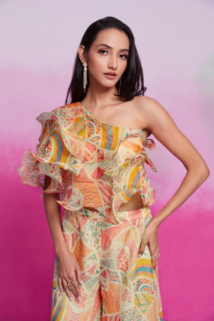 Elegant Cream Organza Printed Blouse Palazzo Co-Ord Set for Women