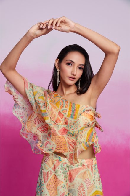 Elegant Cream Organza Printed Blouse Palazzo Co-Ord Set for Women