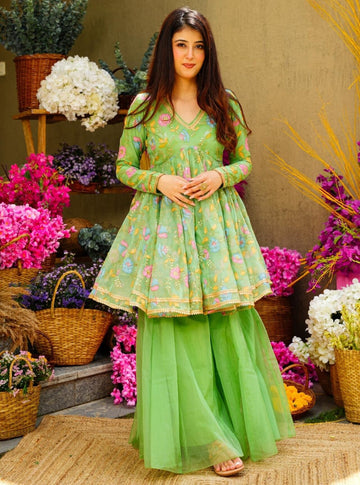 Pista Green Designer Organza Top Palazzo Dupatta Set for Women