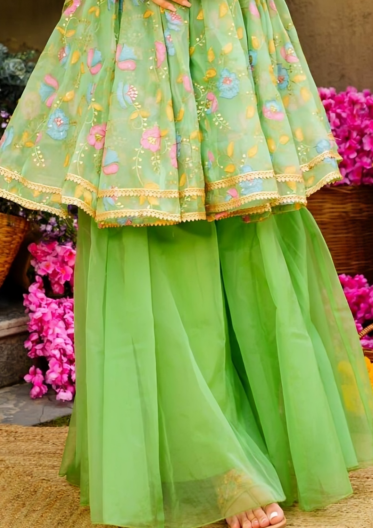 Pista Green Designer Organza Top Palazzo Dupatta Set for Women