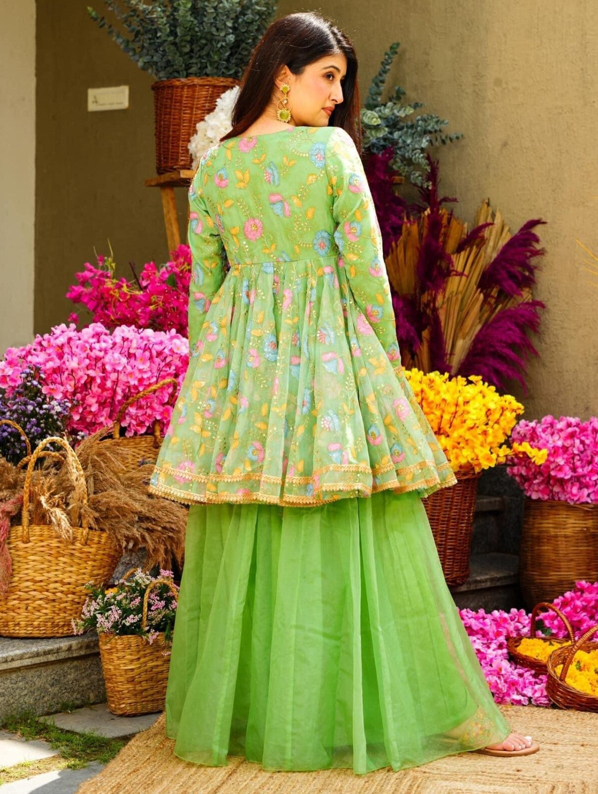 Pista Green Designer Organza Top Palazzo Dupatta Set for Women