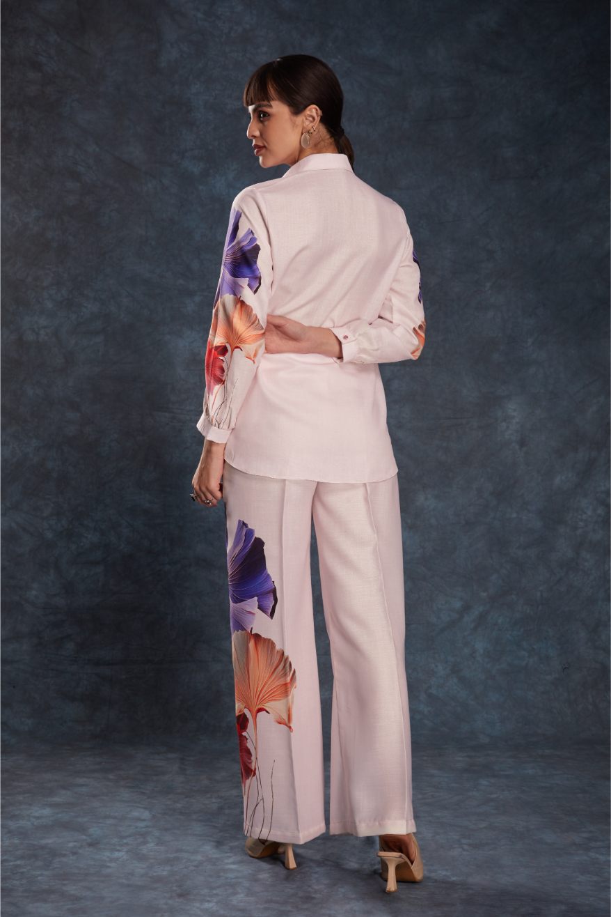 Stylish Light Pink Printed Linen Top & Pant Co-Ord Set