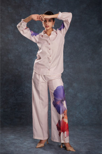 Stylish Light Pink Printed Linen Top & Pant Co-Ord Set