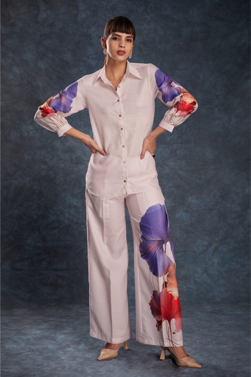 Stylish Light Pink Printed Linen Top & Pant Co-Ord Set