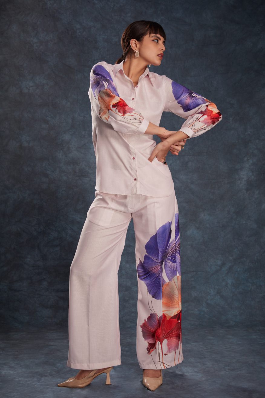 Stylish Light Pink Printed Linen Top & Pant Co-Ord Set