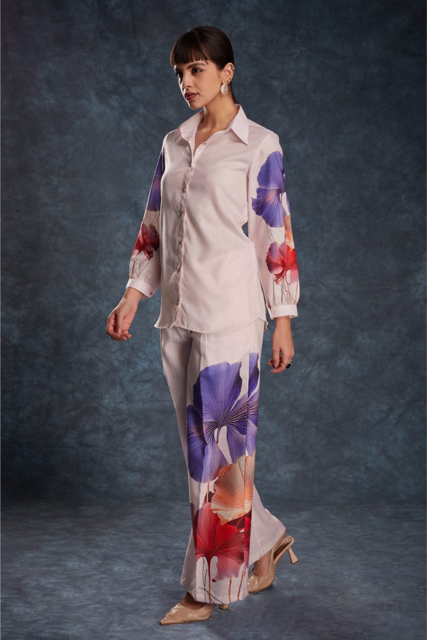Stylish Light Pink Printed Linen Top & Pant Co-Ord Set