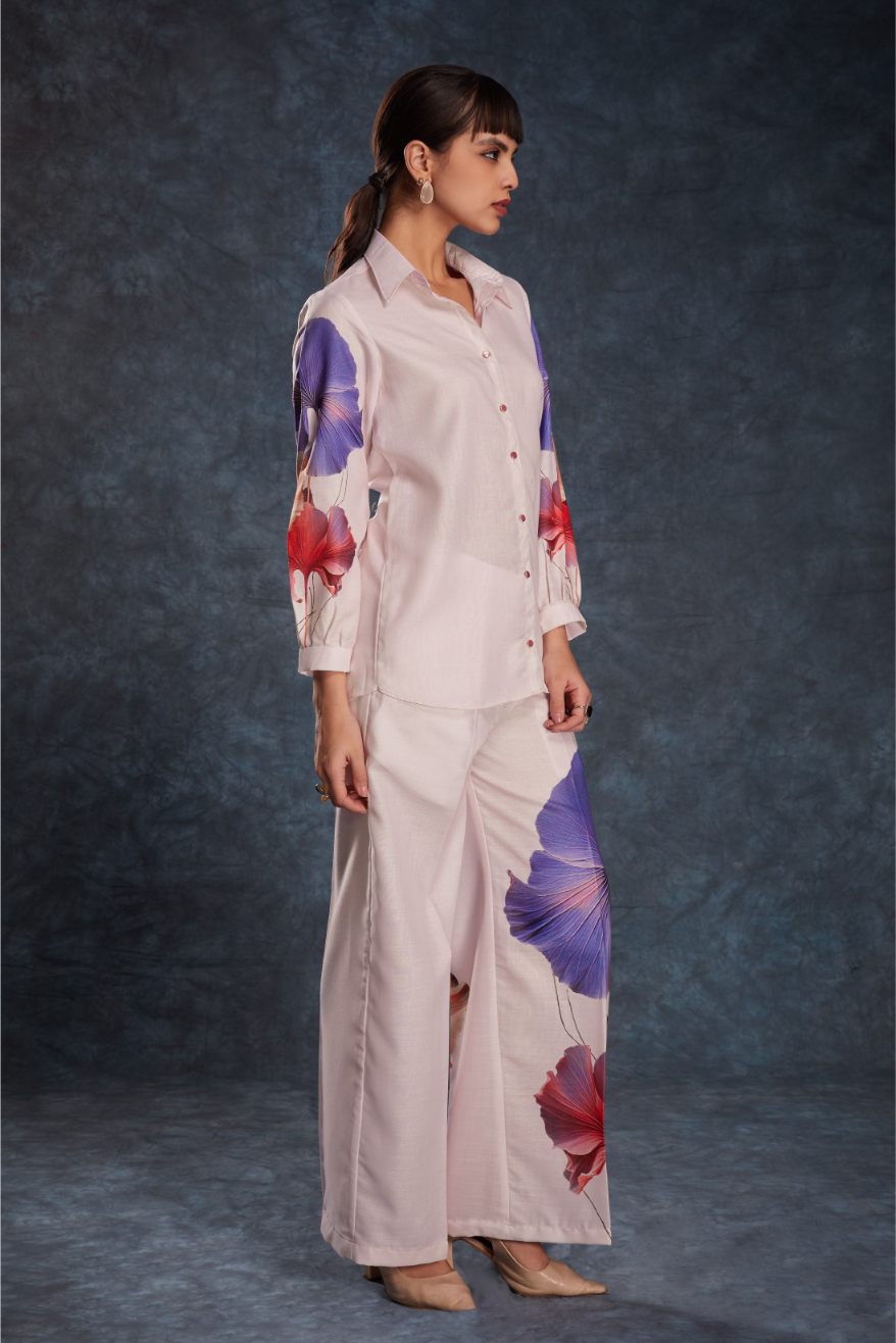Stylish Light Pink Printed Linen Top & Pant Co-Ord Set
