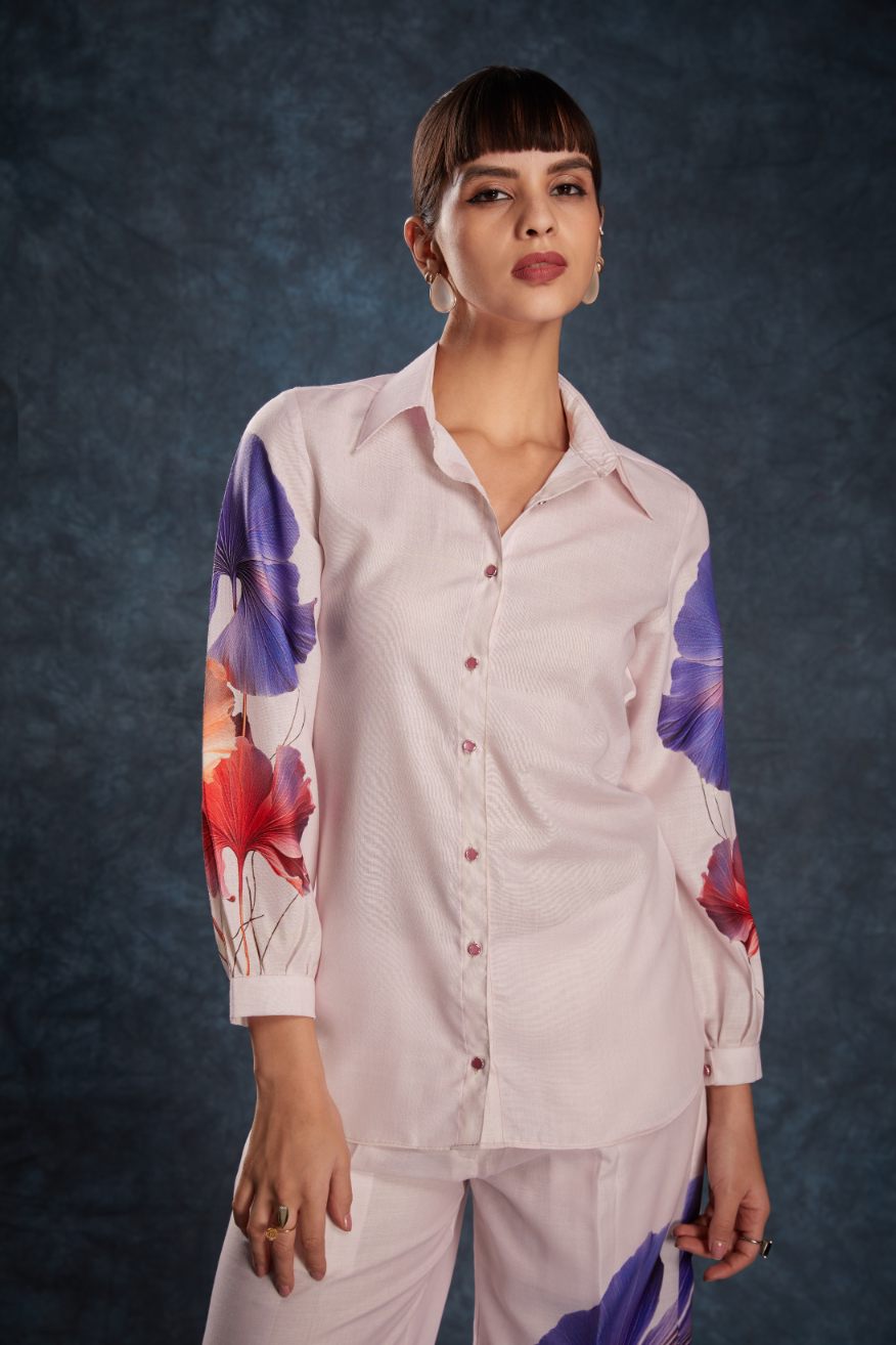 Stylish Light Pink Printed Linen Top & Pant Co-Ord Set