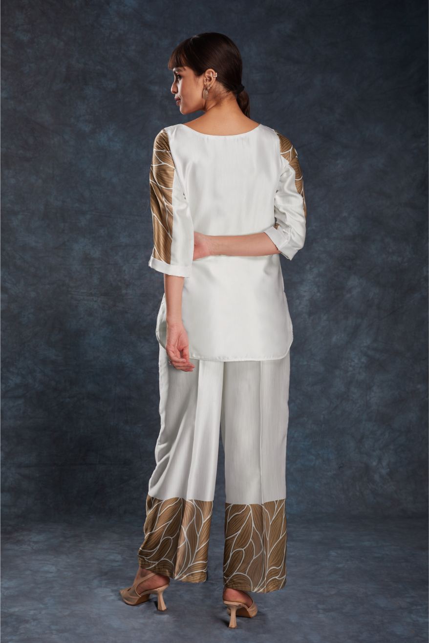 Premium Designer White Linen Satin Printed Top & Pant Set