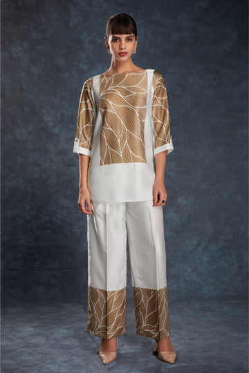 Premium Designer White Linen Satin Printed Top & Pant Set