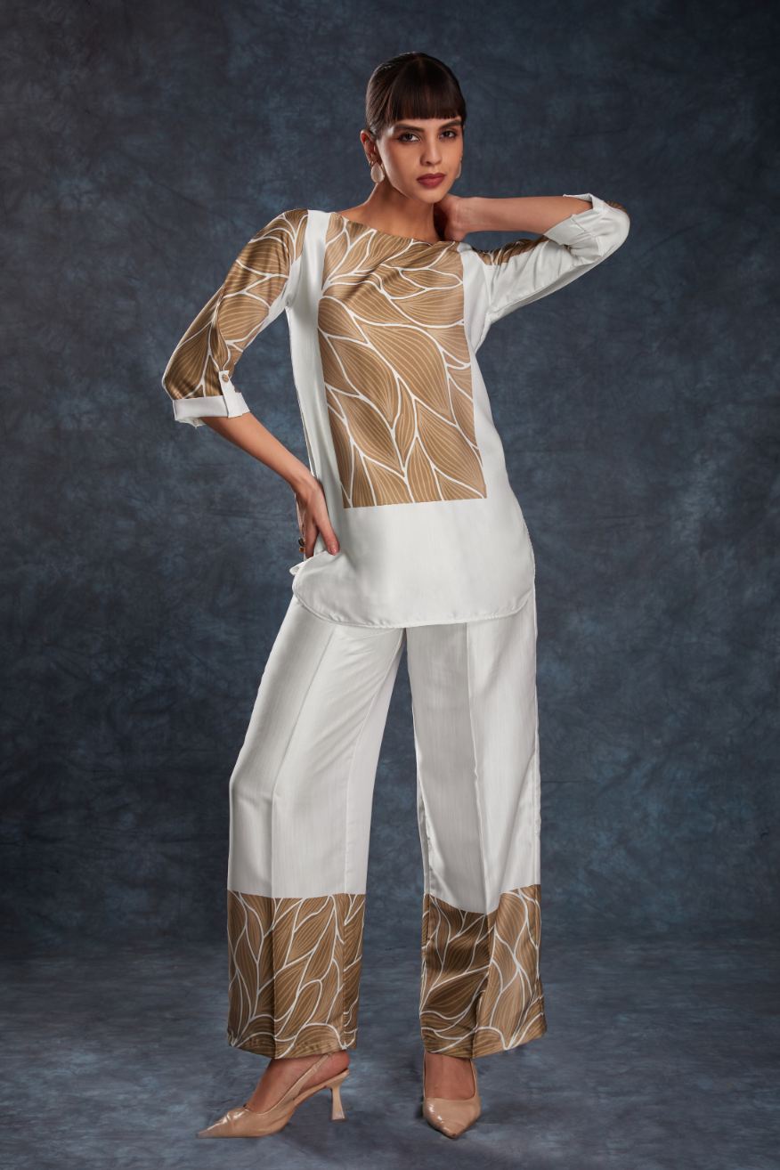 Premium Designer White Linen Satin Printed Top & Pant Set