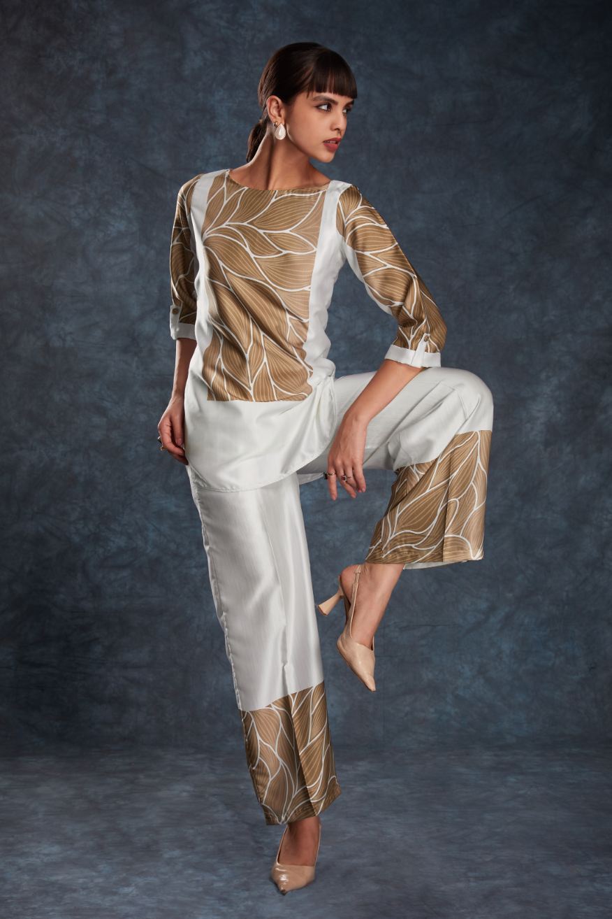 Premium Designer White Linen Satin Printed Top & Pant Set