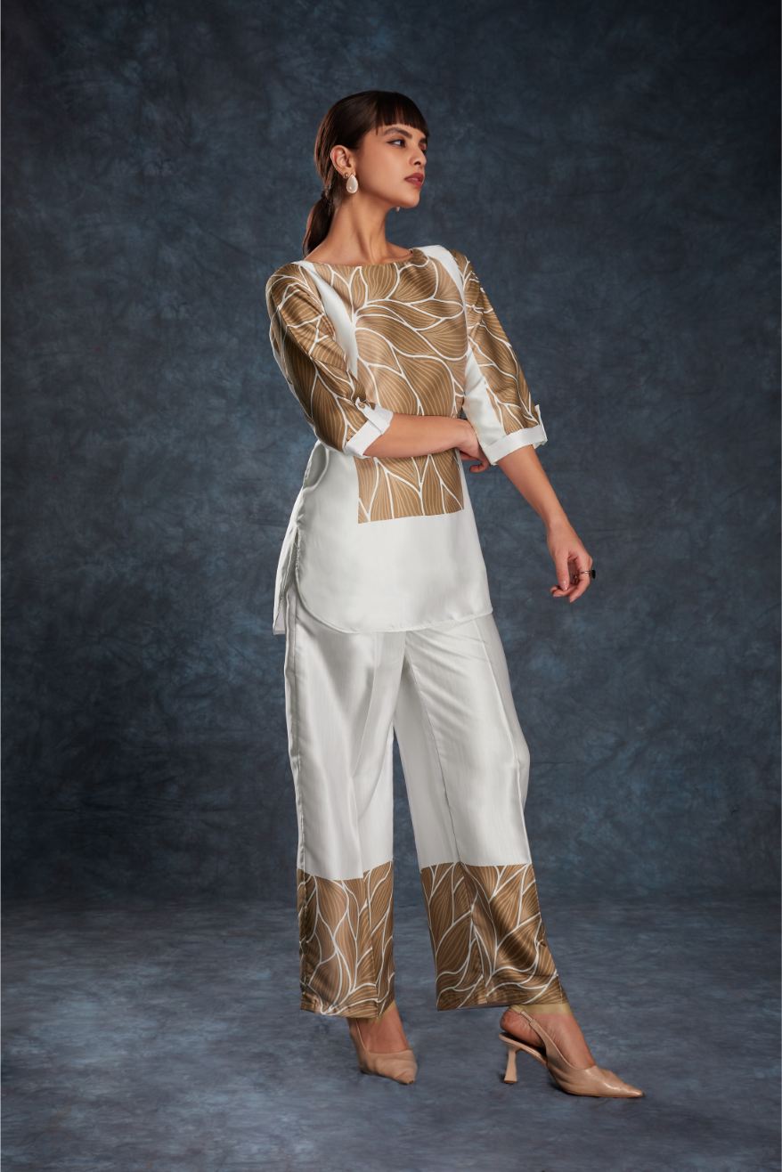 Premium Designer White Linen Satin Printed Top & Pant Set