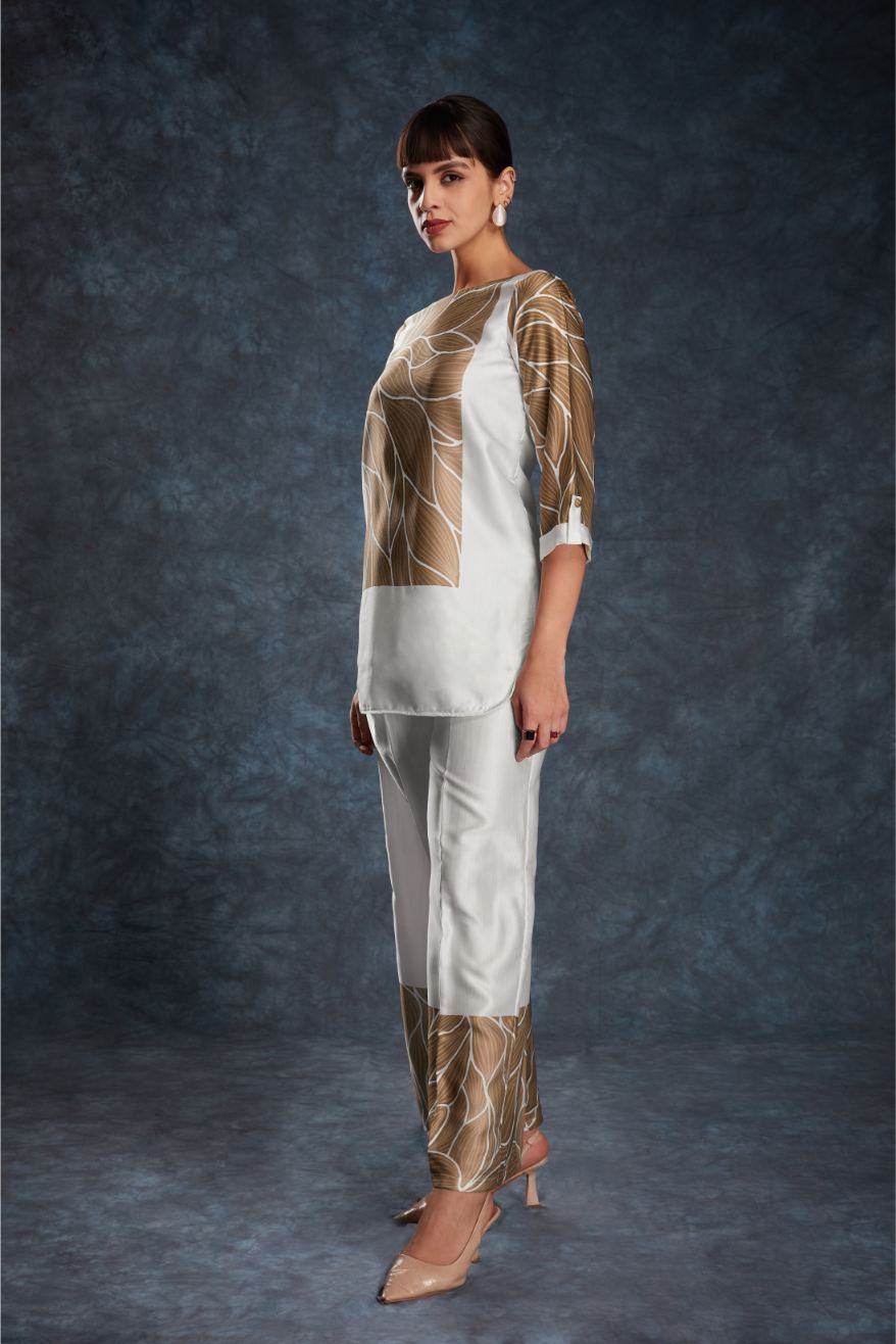 Premium Designer White Linen Satin Printed Top & Pant Set