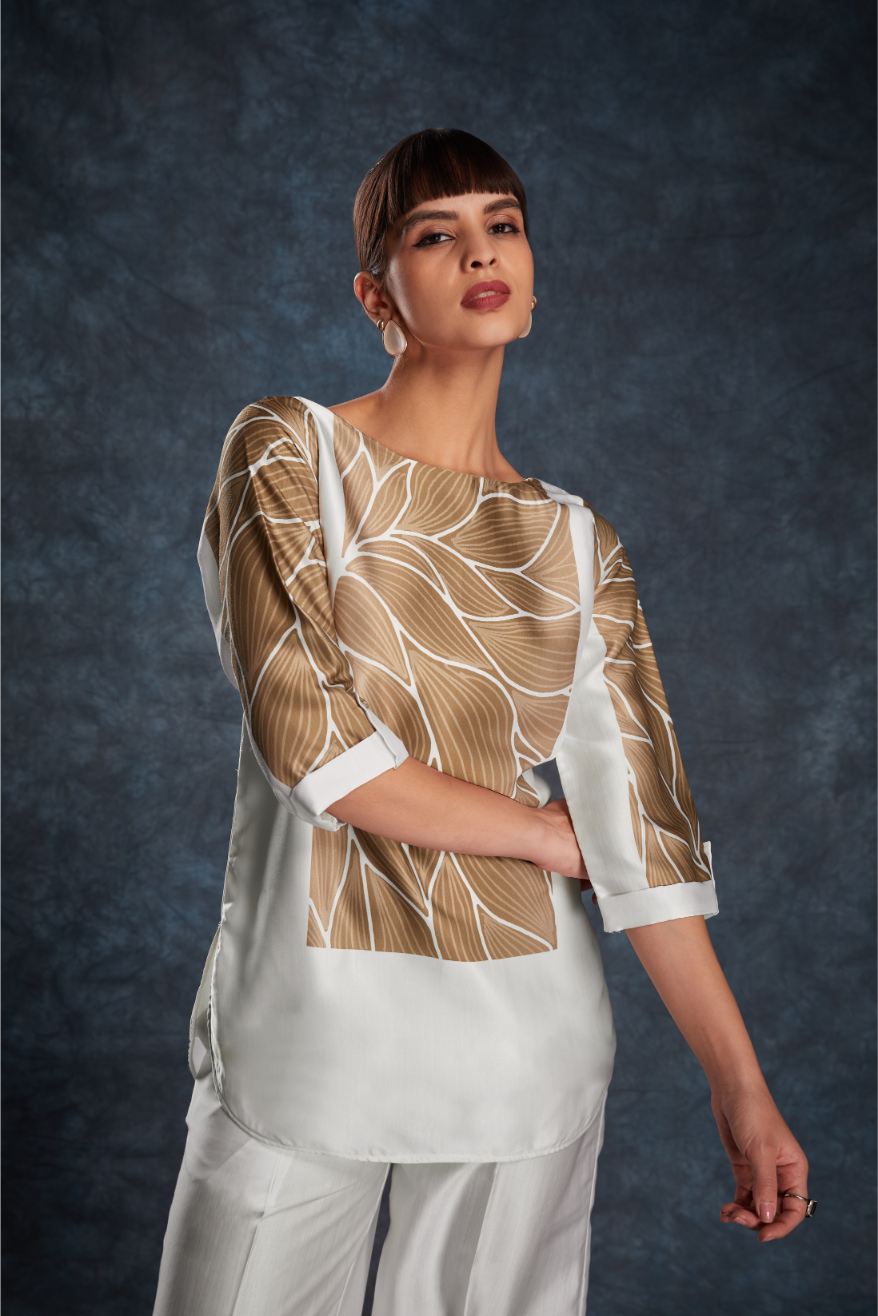 Premium Designer White Linen Satin Printed Top & Pant Set